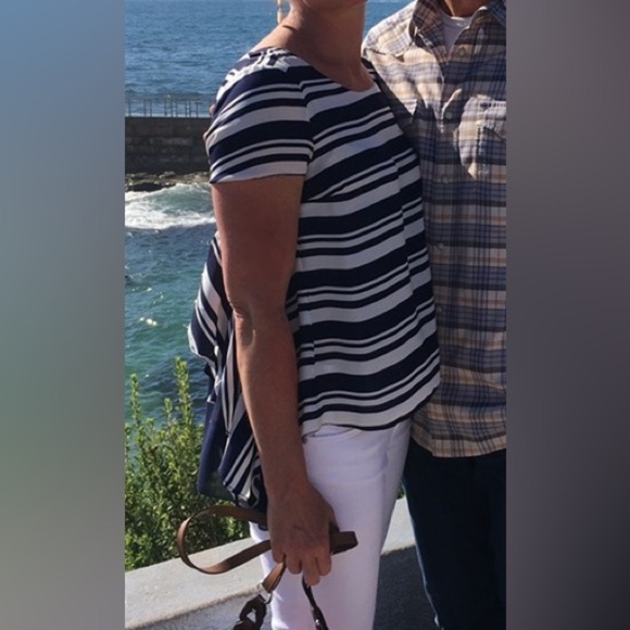 Anthropologie MAEVE Blue White Striped Short Sleeve Sheer Back Blouse Top. - Picture 6 of 6